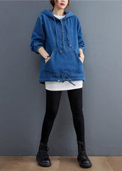 Unique Blue Denim Button Pockets hooded Fall Long sleeve Top YYHC-LTP210917