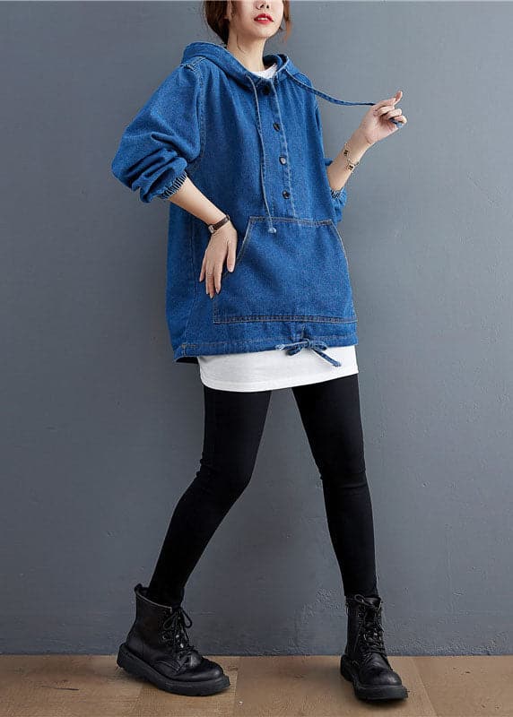 Unique Blue Denim Button Pockets hooded Fall Long sleeve Top YYHC-LTP210917