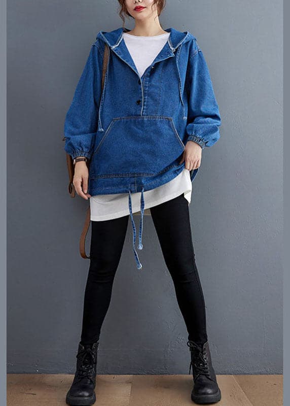 Unique Blue Denim Button Pockets hooded Fall Long sleeve Top YYHC-LTP210917