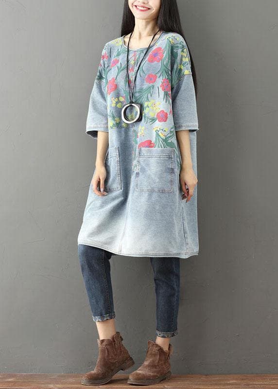 Unique Blue O-Neck Pockets Print Fall Denim Dresses Half Sleeve PS-FDM210908