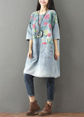 Unique Blue O-Neck Pockets Print Fall Denim Dresses Half Sleeve PS-FDM210908