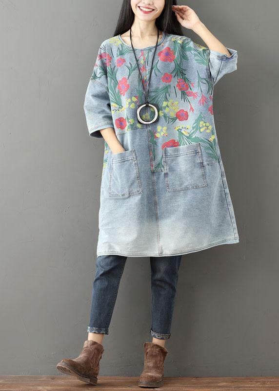 Unique Blue O-Neck Pockets Print Fall Denim Dresses Half Sleeve PS-FDM210908