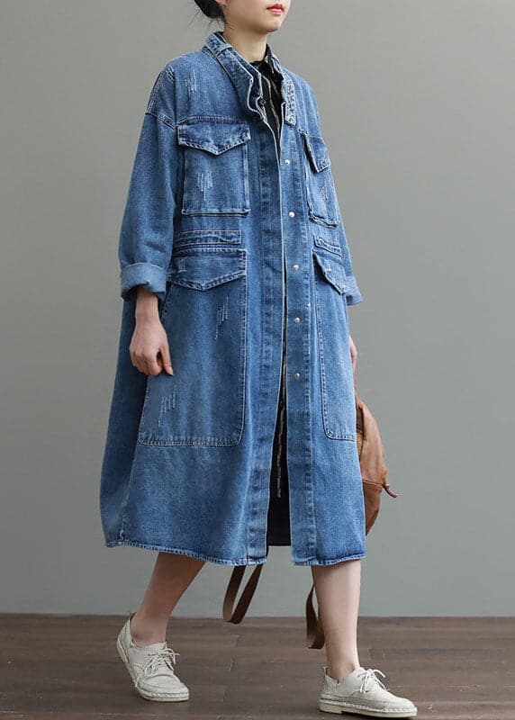 Unique Blue Pockets Button Loose Fall Denim Long sleeve Coats trench coats BSLCT-CTS211009