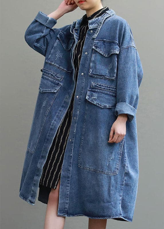 Unique Blue Pockets Button Loose Fall Denim Long sleeve Coats trench coats BSLCT-CTS211009