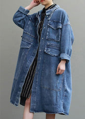 Unique Blue Pockets Button Loose Fall Denim Long sleeve Coats trench coats BSLCT-CTS211009