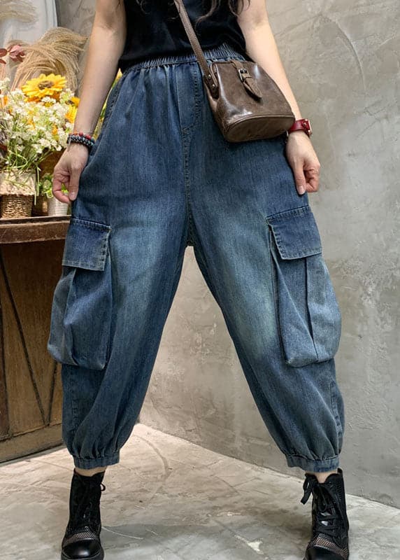 Unique Blue Pockets denim lantern Pants Spring BSNZK-LPTS211124