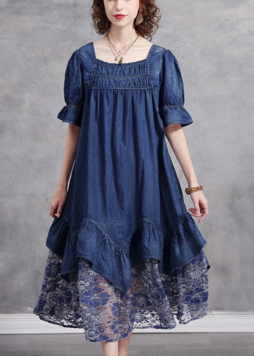 Unique Blue Square Collar Patchwork Lace Cotton Denim Dress Short Sleeve NZ-SDL220606