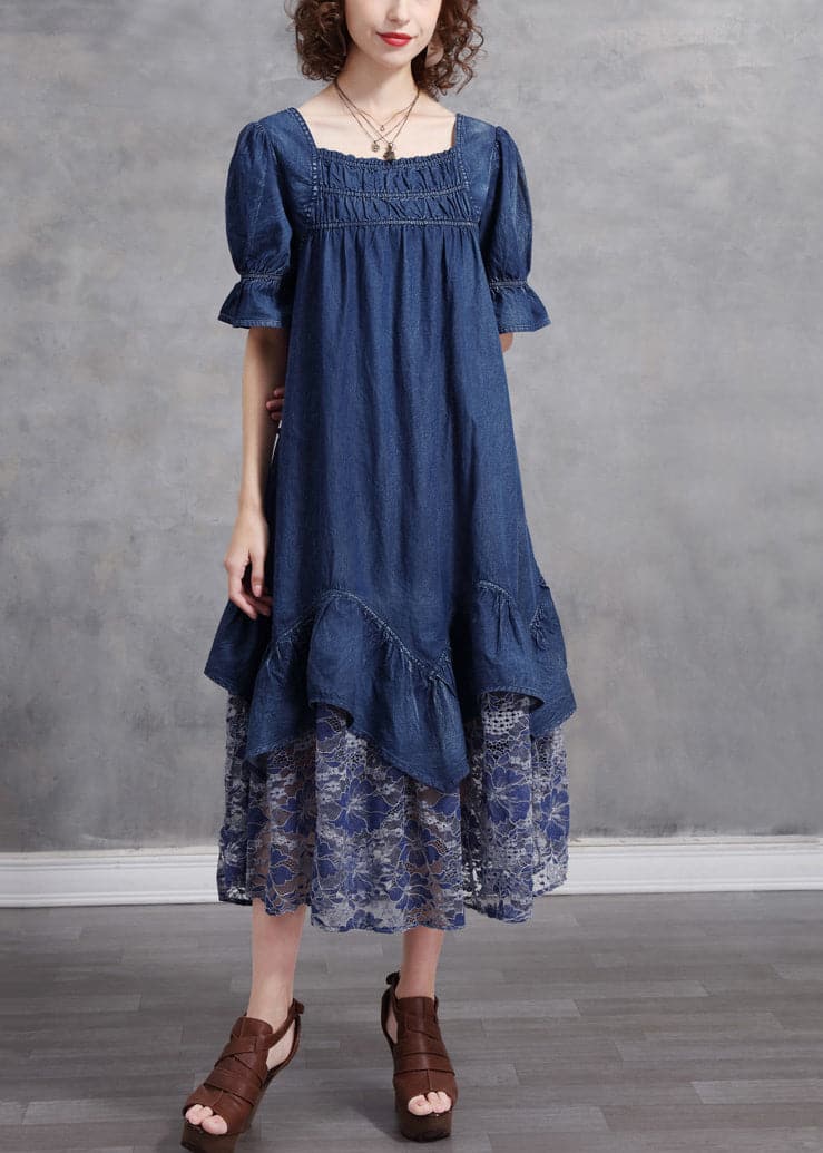 Unique Blue Square Collar Patchwork Lace Cotton Denim Dress Short Sleeve NZ-SDL220606