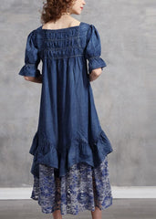 Unique Blue Square Collar Patchwork Lace Cotton Denim Dress Short Sleeve NZ-SDL220606