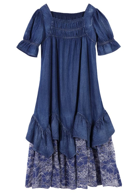 Unique Blue Square Collar Patchwork Lace Cotton Denim Dress Short Sleeve NZ-SDL220606