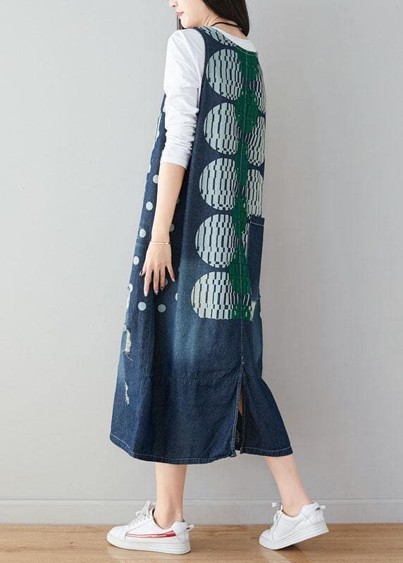 Unique Blue V Neck Pockets Print Hole Fall Denim Dresses Sleeveless PS-FDM210908