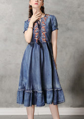 Unique Blue V Neck Ruffled Cinched Embroideried Cotton Denim Dresses Short Sleeve nz-SDL220304