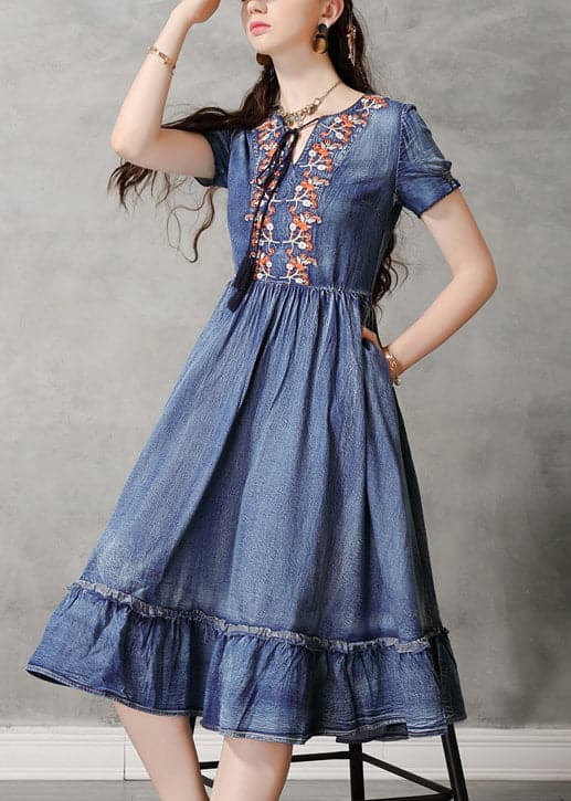 Unique Blue V Neck Ruffled Cinched Embroideried Cotton Denim Dresses Short Sleeve nz-SDL220304