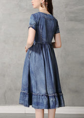 Unique Blue V Neck Ruffled Cinched Embroideried Cotton Denim Dresses Short Sleeve nz-SDL220304