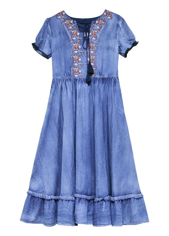 Unique Blue V Neck Ruffled Cinched Embroideried Cotton Denim Dresses Short Sleeve nz-SDL220304