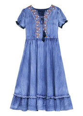 Unique Blue V Neck Ruffled Cinched Embroideried Cotton Denim Dresses Short Sleeve nz-SDL220304