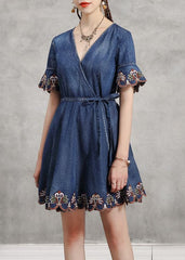 Unique Blue tie waist V Neck Embroideried Cotton Denim Dress flare sleeve NZ-SDM220304