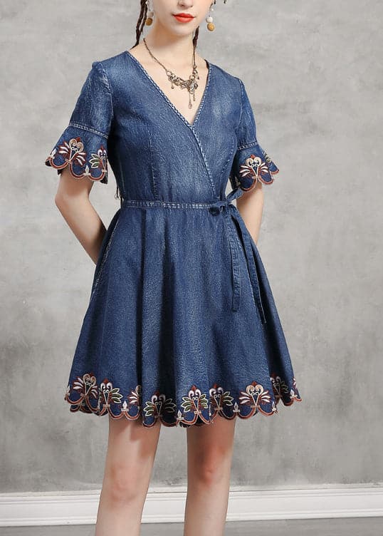 Unique Blue tie waist V Neck Embroideried Cotton Denim Dress flare sleeve NZ-SDM220304