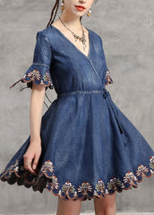 Unique Blue tie waist V Neck Embroideried Cotton Denim Dress flare sleeve NZ-SDM220304