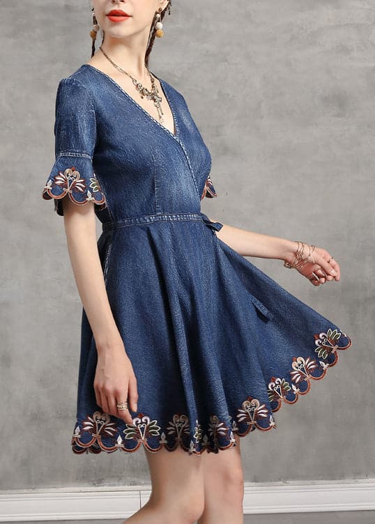 Unique Blue tie waist V Neck Embroideried Cotton Denim Dress flare sleeve NZ-SDM220304