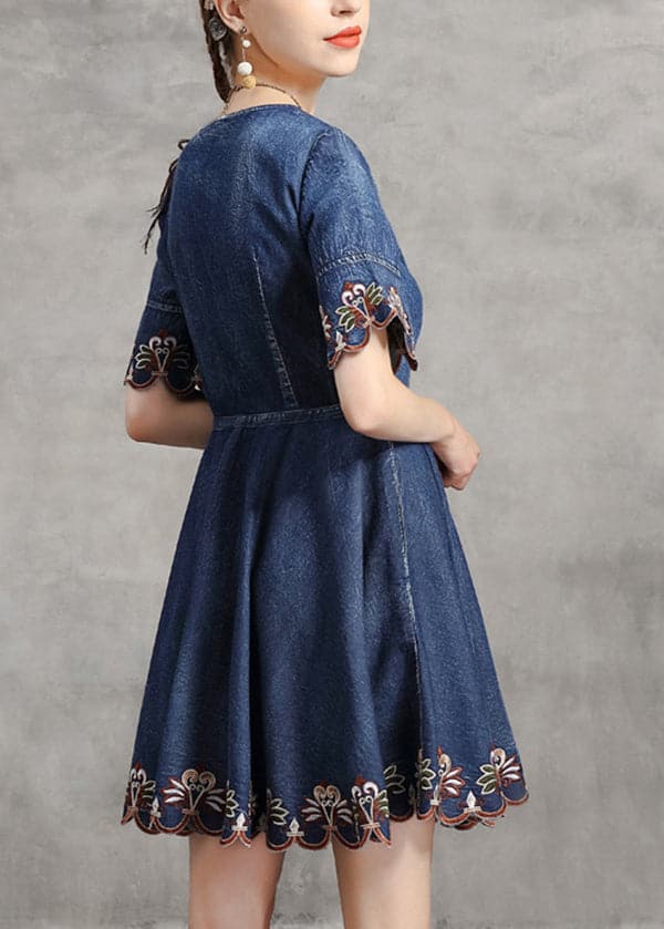 Unique Blue tie waist V Neck Embroideried Cotton Denim Dress flare sleeve NZ-SDM220304