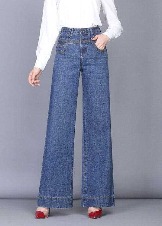 Unique Denim Blue High Waist Zip Up Pockets Draping Cotton Wide Leg Pants Summer nz-LPTS220519