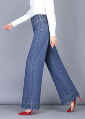 Unique Denim Blue High Waist Zip Up Pockets Draping Cotton Wide Leg Pants Summer nz-LPTS220519