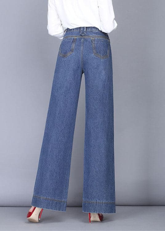 Unique Denim Blue High Waist Zip Up Pockets Draping Cotton Wide Leg Pants Summer nz-LPTS220519