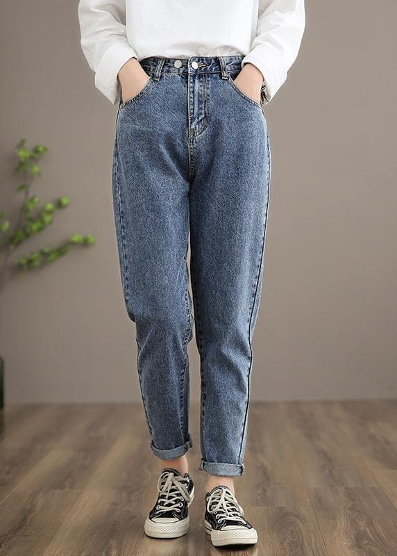 Unique Denim Dark Blue High Waist Spring Elastic Waist Pattern Wild Pants LPTS210203