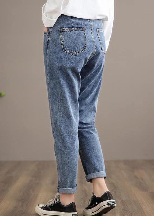 Unique Denim Dark Blue High Waist Spring Elastic Waist Pattern Wild Pants LPTS210203