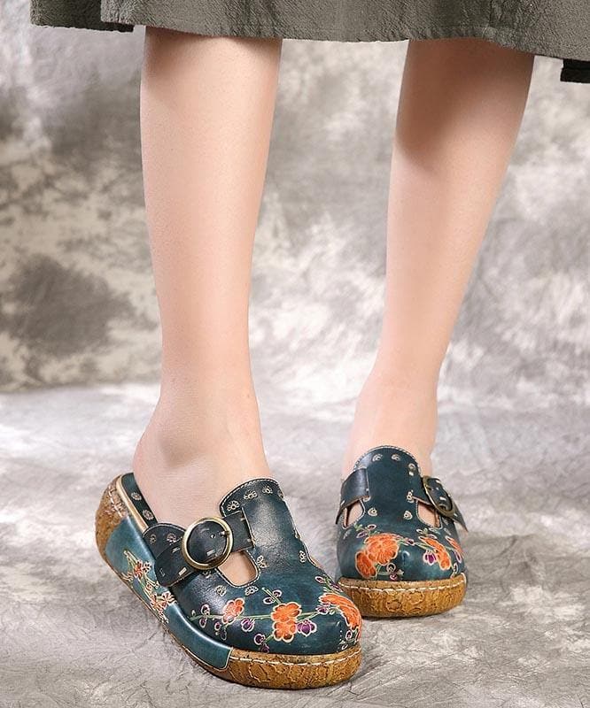 Unique Embossed Platform Slippers Shoes Blue Cowhide Leather XZ-LT210622