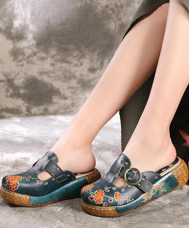 Unique Embossed Platform Slippers Shoes Blue Cowhide Leather XZ-LT210622