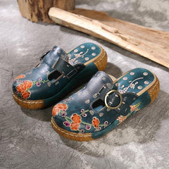 Unique Embossed Platform Slippers Shoes Blue Cowhide Leather XZ-LT210622