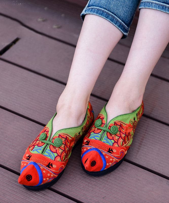 Unique Green Cotton Fabric Flat Shoes For Women Fish Embroideried Pointed Toe Splicing Flat Shoes BX-XZ-PDX20220401