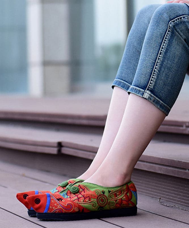 Unique Green Cotton Fabric Flat Shoes For Women Fish Embroideried Pointed Toe Splicing Flat Shoes BX-XZ-PDX20220401