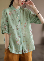 Unique Green Stand Collar Lace Patchwork Linen Top Half Sleeve GK-HTP220516