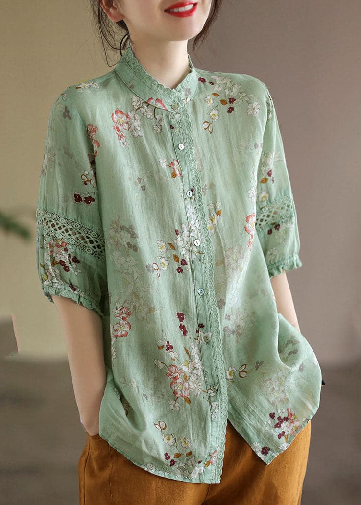 Unique Green Stand Collar Lace Patchwork Linen Top Half Sleeve GK-HTP220516