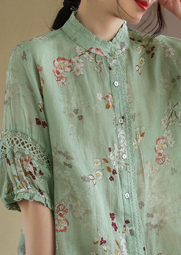 Unique Green Stand Collar Lace Patchwork Linen Top Half Sleeve GK-HTP220516