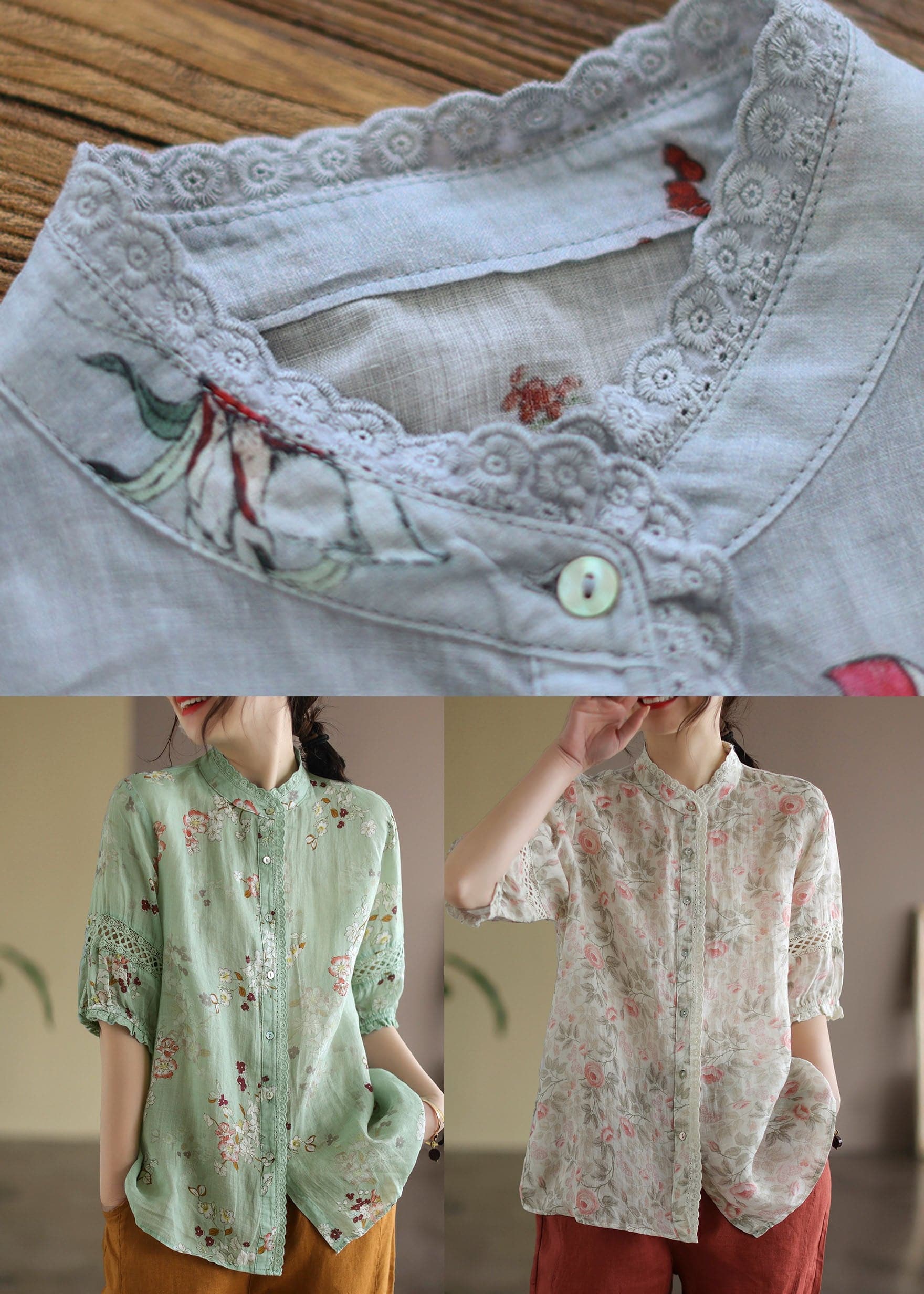 Unique Green Stand Collar Lace Patchwork Linen Top Half Sleeve GK-HTP220516