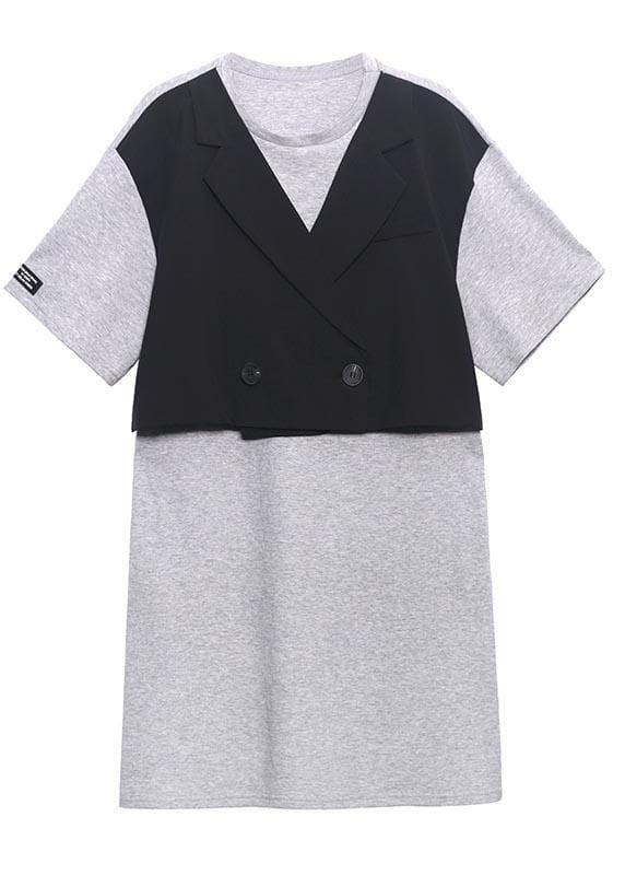 Unique Grey Patchwork Black Button Party Summer Cotton Dress AT-SDL210417