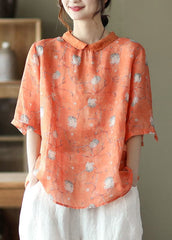 Unique Orange Peter Pan Collar Button Linen Top Half Sleeve GK-HTP220419