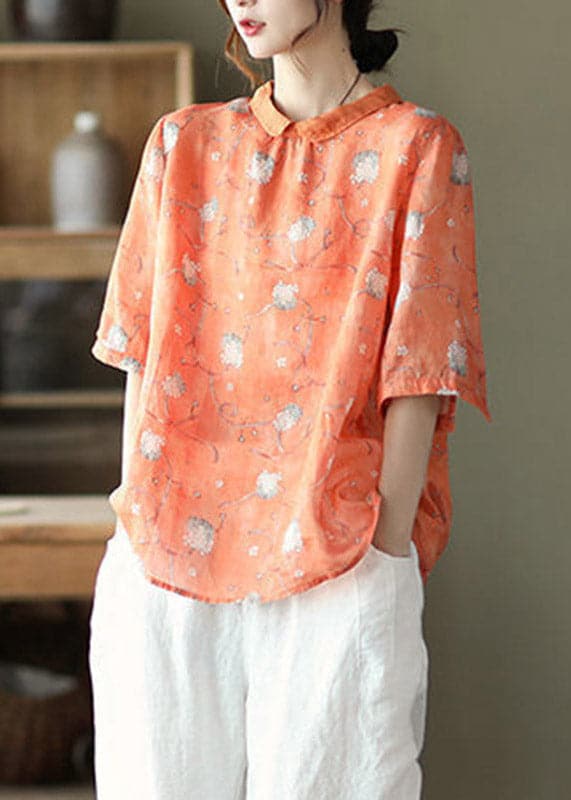 Unique Orange Peter Pan Collar Button Linen Top Half Sleeve GK-HTP220419