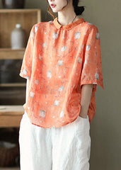 Unique Orange Peter Pan Collar Button Linen Top Half Sleeve GK-HTP220419