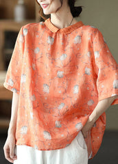 Unique Orange Peter Pan Collar Button Linen Top Half Sleeve GK-HTP220419