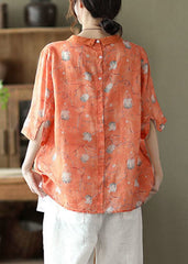 Unique Orange Peter Pan Collar Button Linen Top Half Sleeve GK-HTP220419