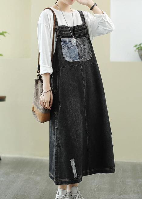 Unique Slash neck Hole Long dress Sewing denim black Plus Size Dress FDL210101