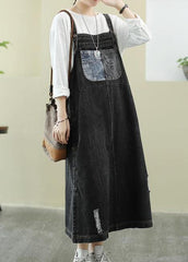 Unique Slash neck Hole Long dress Sewing denim black Plus Size Dress FDL210101