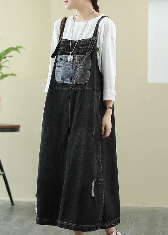 Unique Slash neck Hole Long dress Sewing denim black Plus Size Dress FDL210101