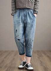 Unique Spring Trousers Casual Denim Blue Wardrobes Elastic Waist Leaf Pant LPTS210203