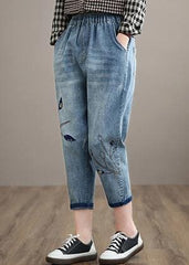 Unique Spring Trousers Casual Denim Blue Wardrobes Elastic Waist Leaf Pant LPTS210203